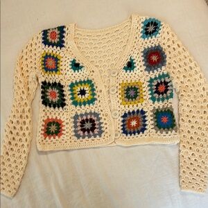 Boho Crochet Sweater with Multicolor Accents